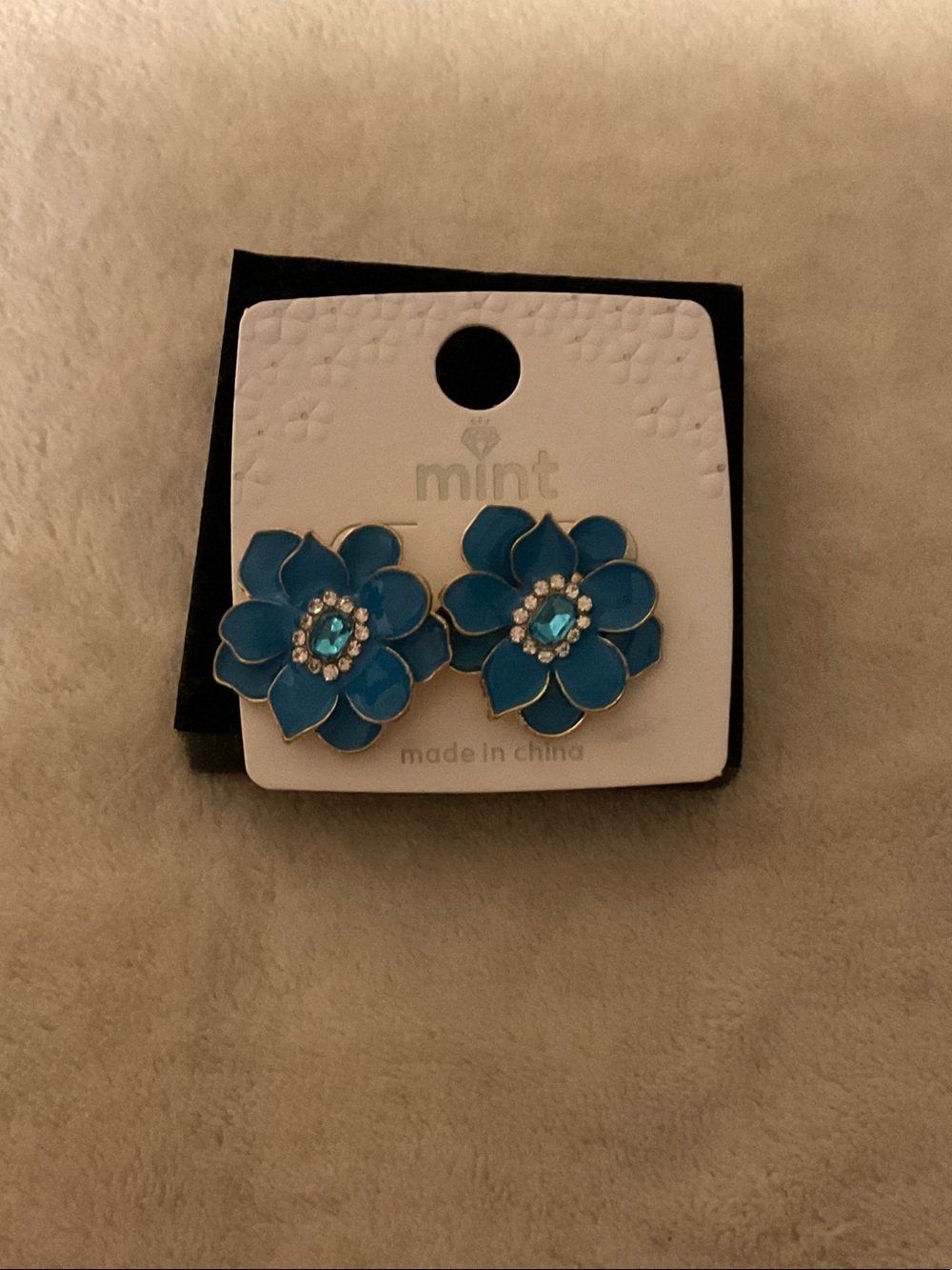 mint Teal Enamel Flower Earrings with Crystal Center